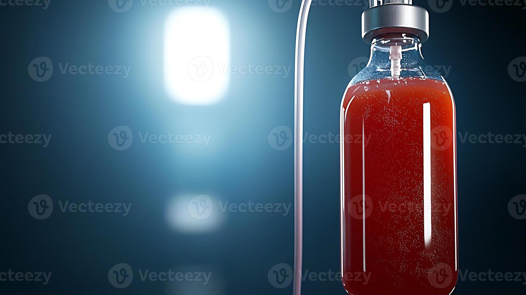 A close-up view of a red liquid in a medical IV bag against a softly lit background photo