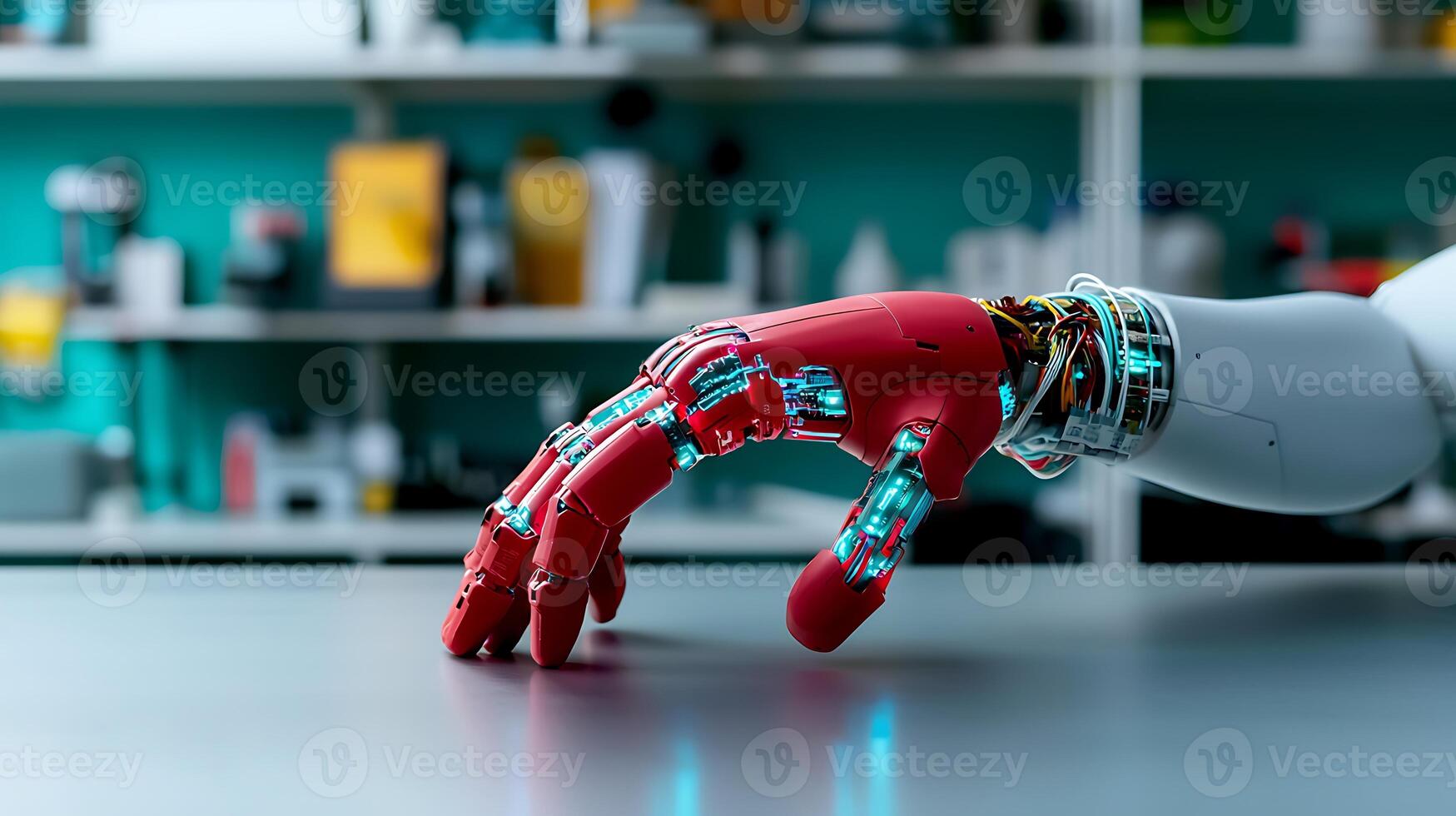 A close-up view of a robotic hand reaching out on a laboratory table with tools in the background photo