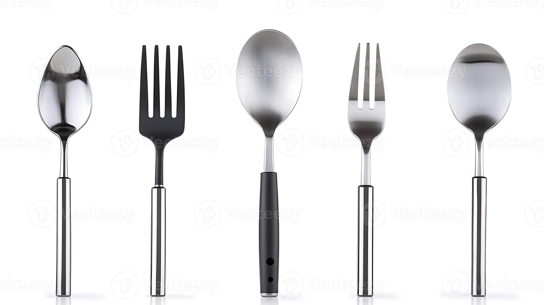 A collection of five modern utensils including spoons and forks arranged neatly on a white background photo