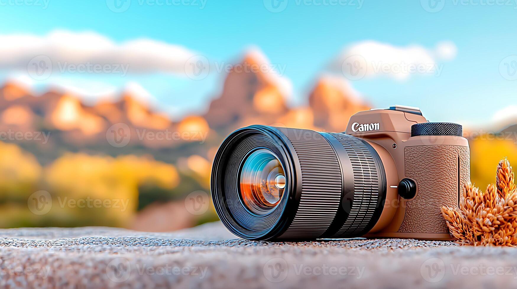 A close-up view of a camera resting on sandy terrain with mountains in the background at sunset photo