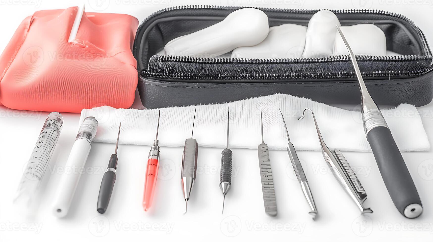 A collection of dental instruments neatly arranged on a white surface with a red pouch photo