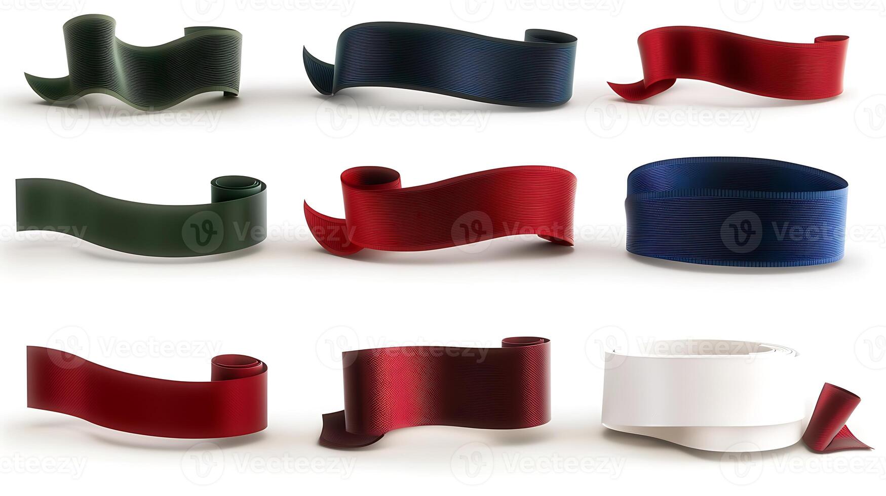 A collection of colorful ribbons in various shapes and textures displayed on a white background photo