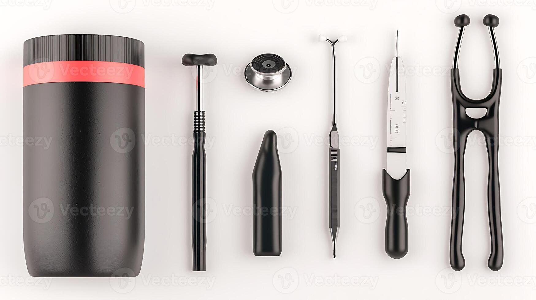 A collection of dental tools arranged neatly beside a sleek black container on a light background photo