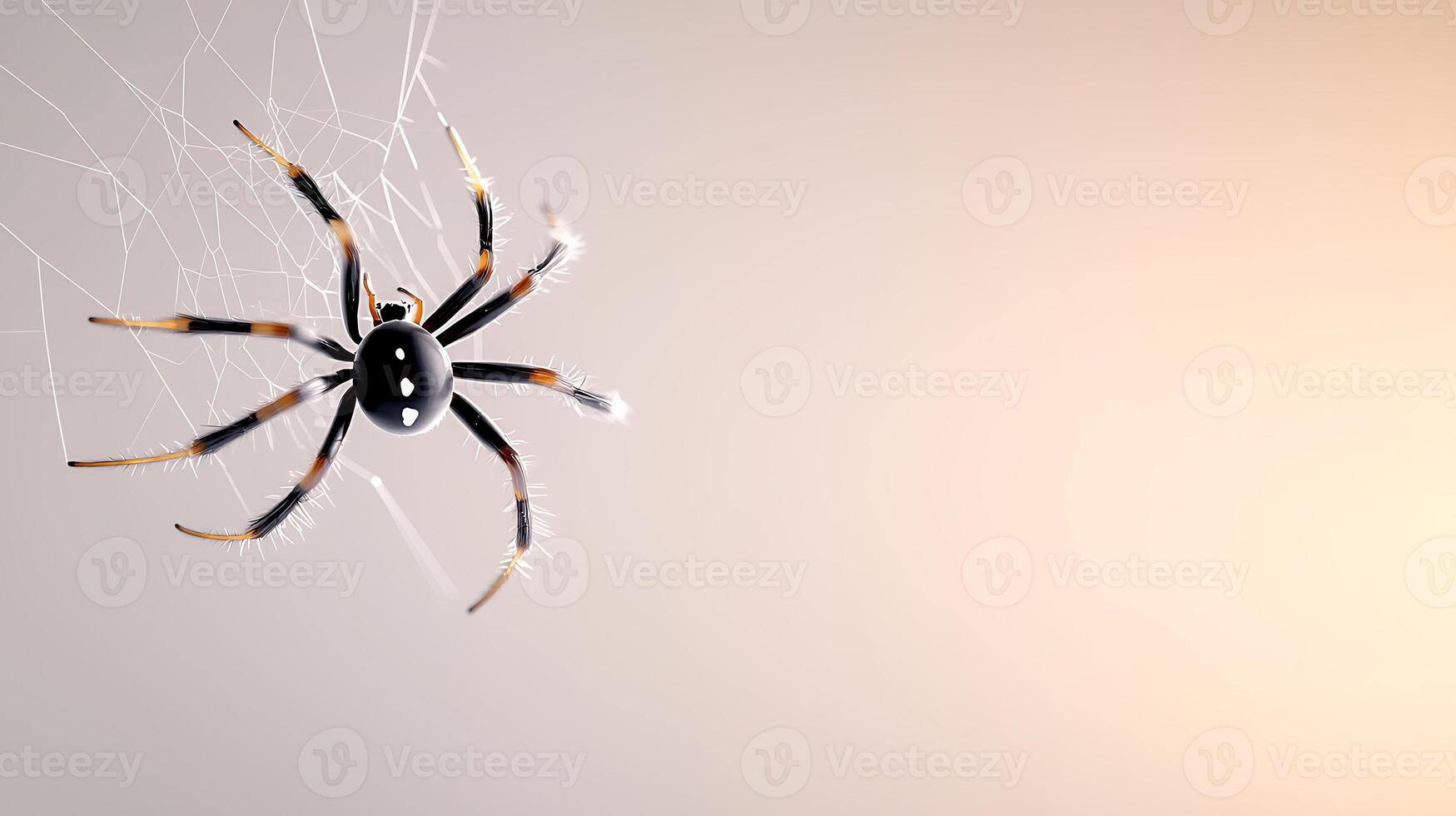A spider is on its web in front of a light background photo