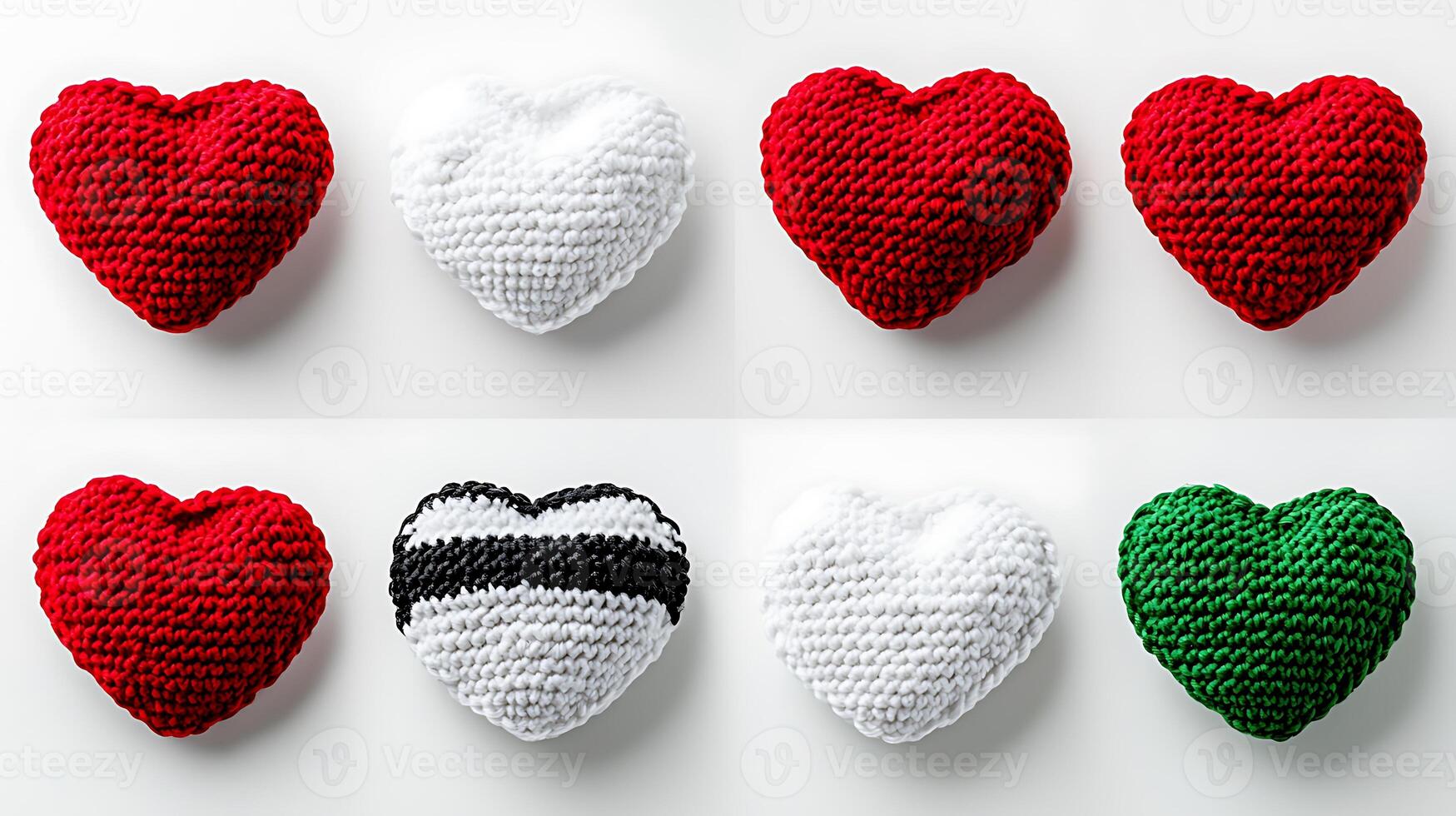 A collection of colorful, knitted heart-shaped cushions arranged in a grid pattern photo