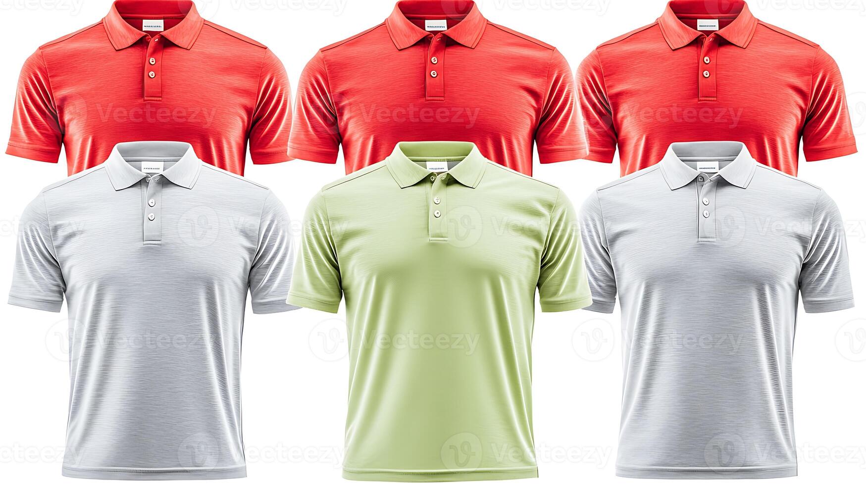 A collection of six polo shirts in vibrant colors displayed neatly on a white background photo