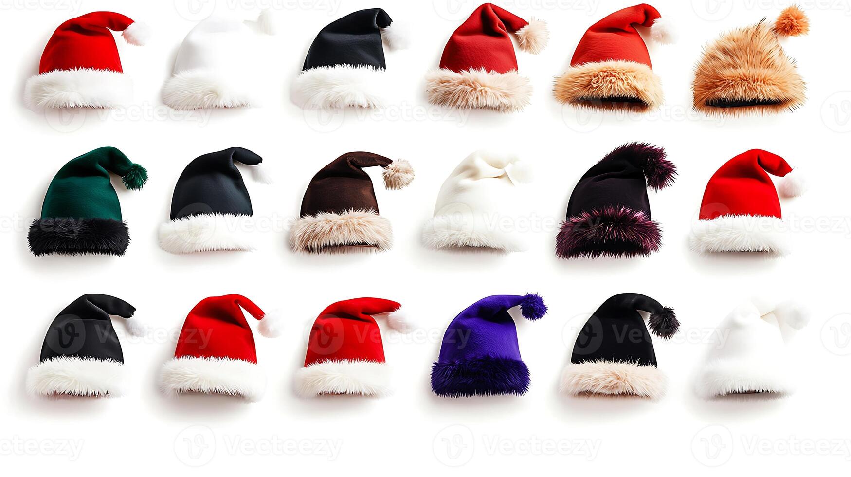 A colorful assortment of festive hats arranged neatly, showcasing various styles and colors for holiday celebrations photo
