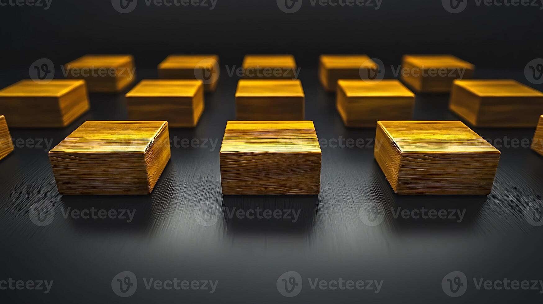 A collection of wooden blocks arranged in a grid on a dark surface, showcasing texture and symmetry photo