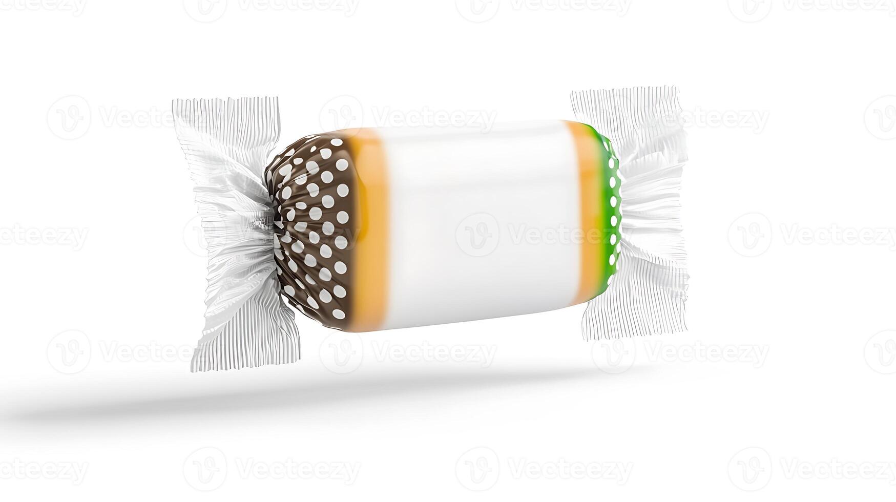 A candy bar wrapped in white paper with green and white stripes photo