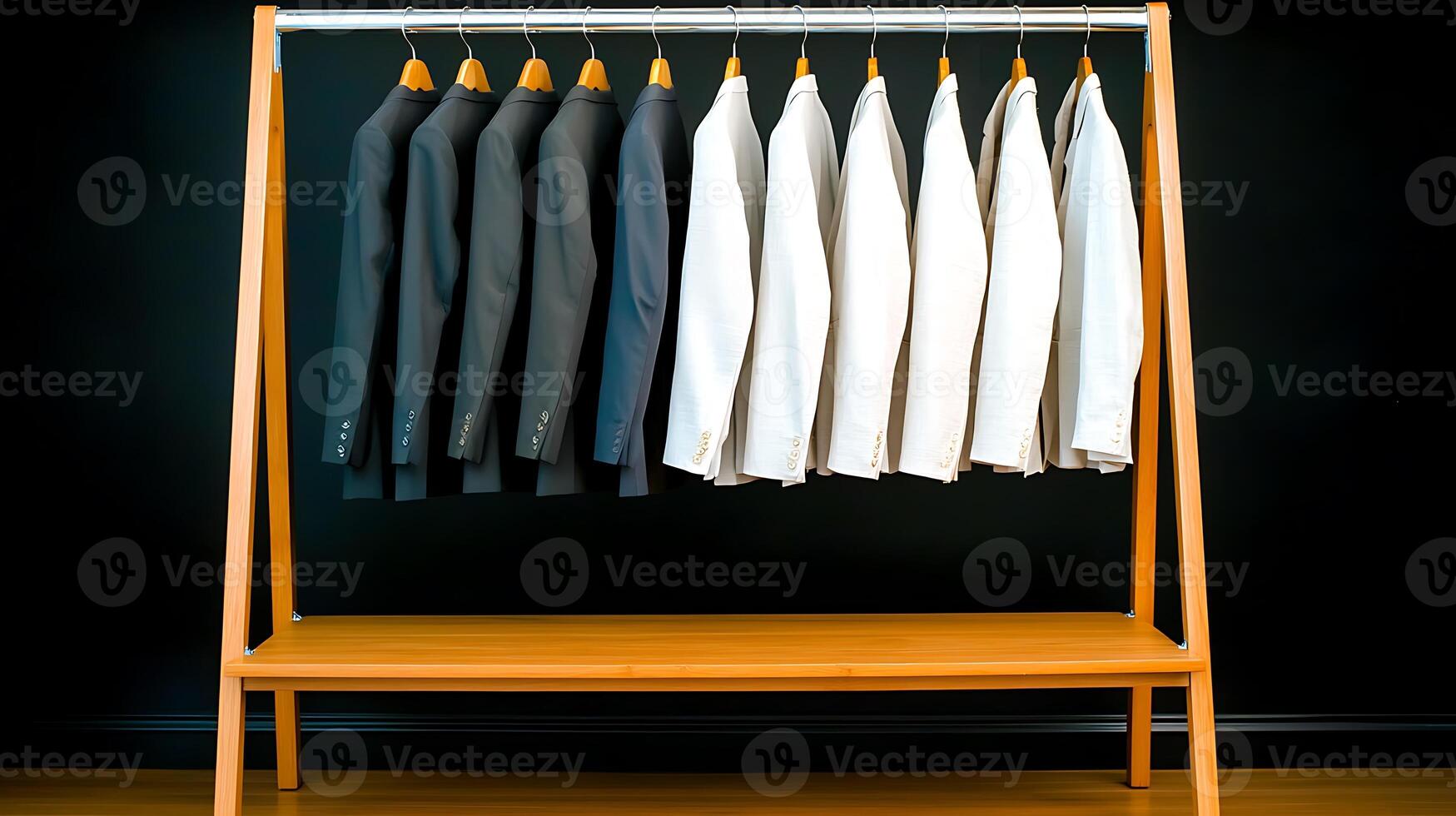 A collection of tailored suits displayed on a wooden rack against a dark background, showcasing fashion photo