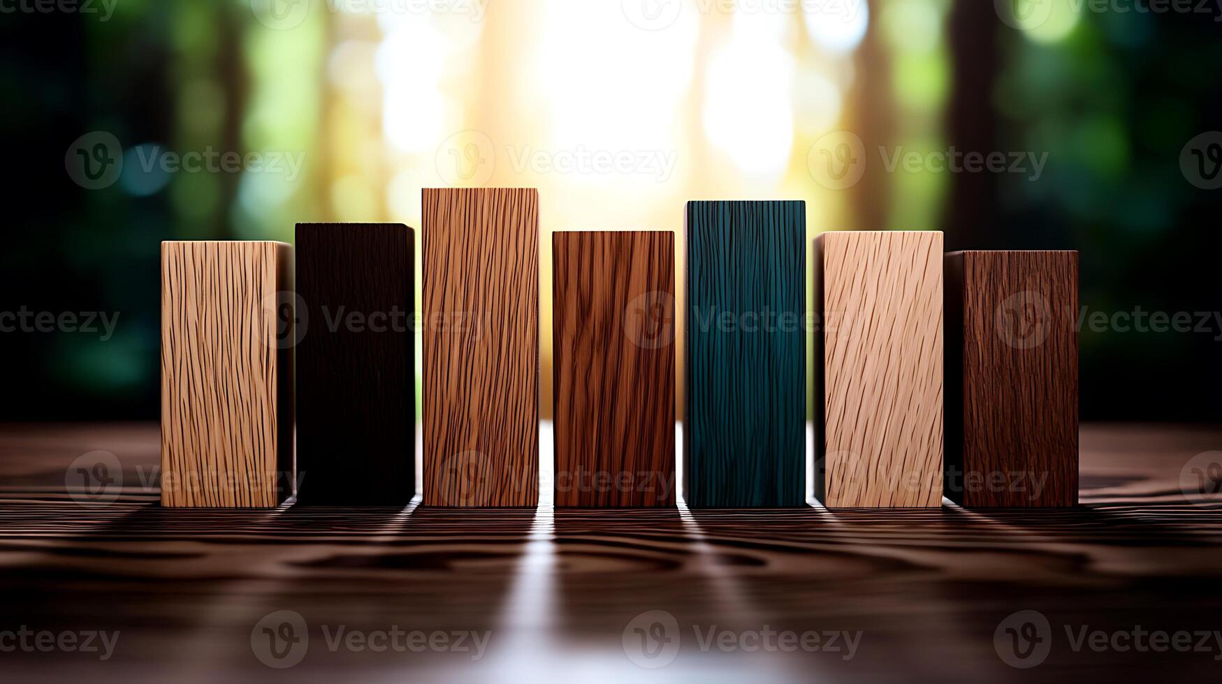 Wooden blocks on a table with sunlight shining through photo