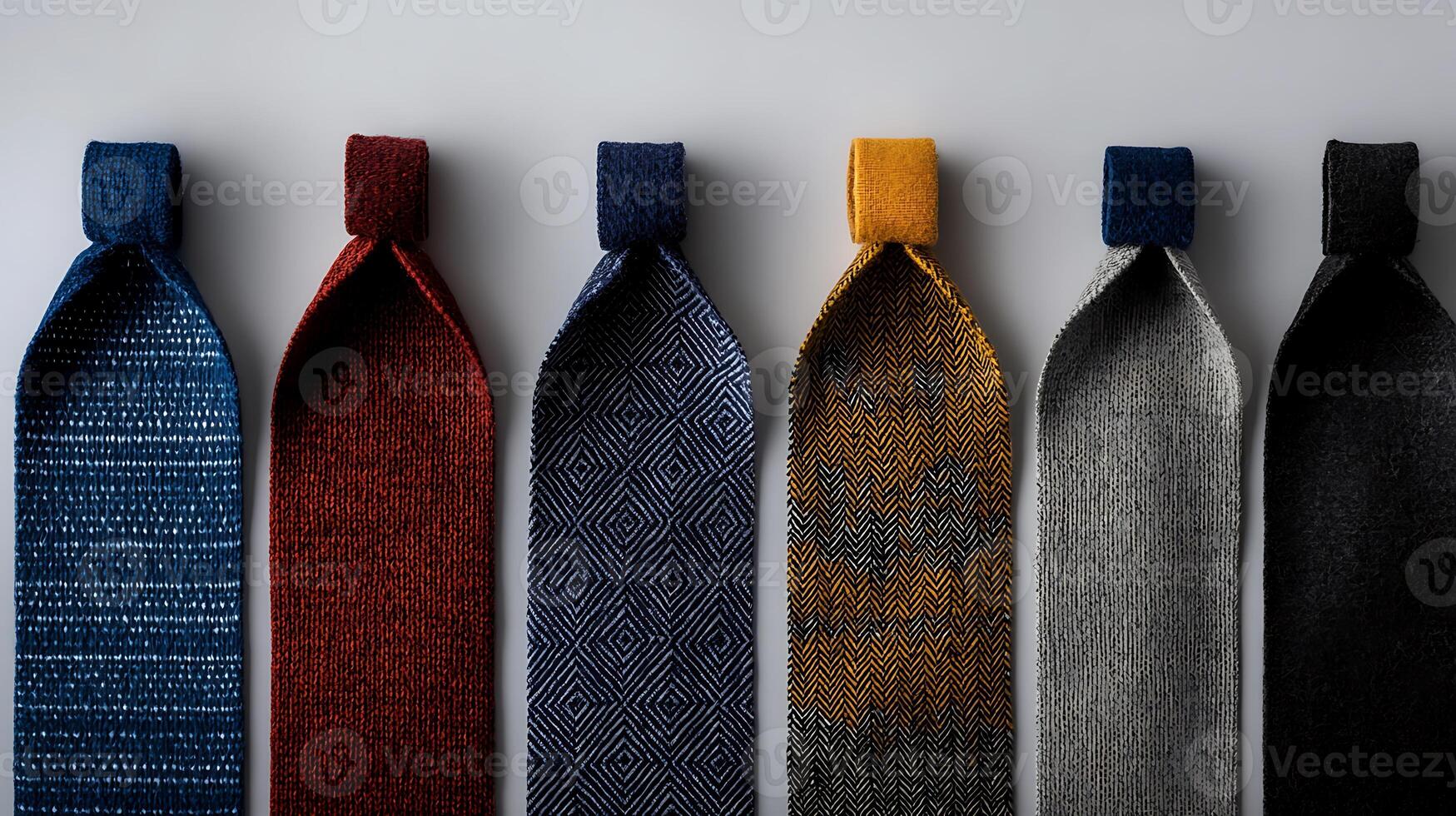 A collection of vibrant ties arranged neatly, showcasing various patterns and textures on a light background photo
