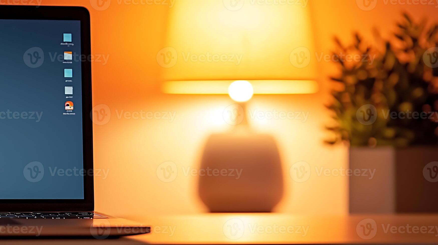 A cozy workspace featuring a laptop, warm lamp, and a green plant in the background photo