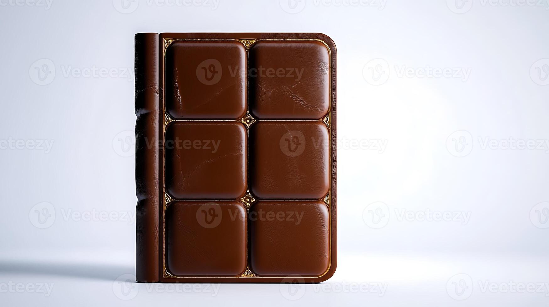 A creatively designed chocolate bar notebook standing upright against a clean white backdrop photo