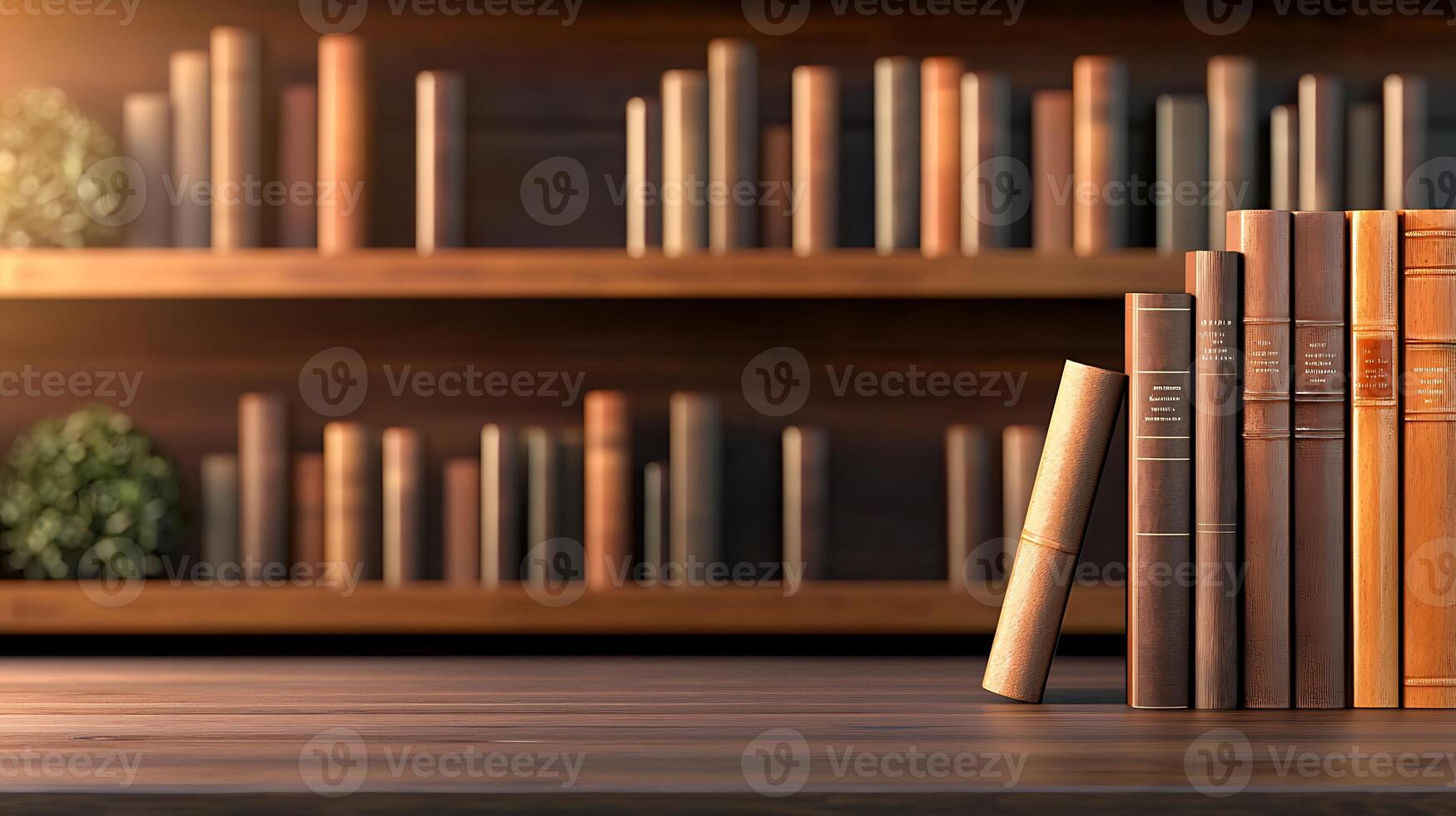 A cozy library scene with neatly arranged books on wooden shelves, warm lighting, and greenery photo