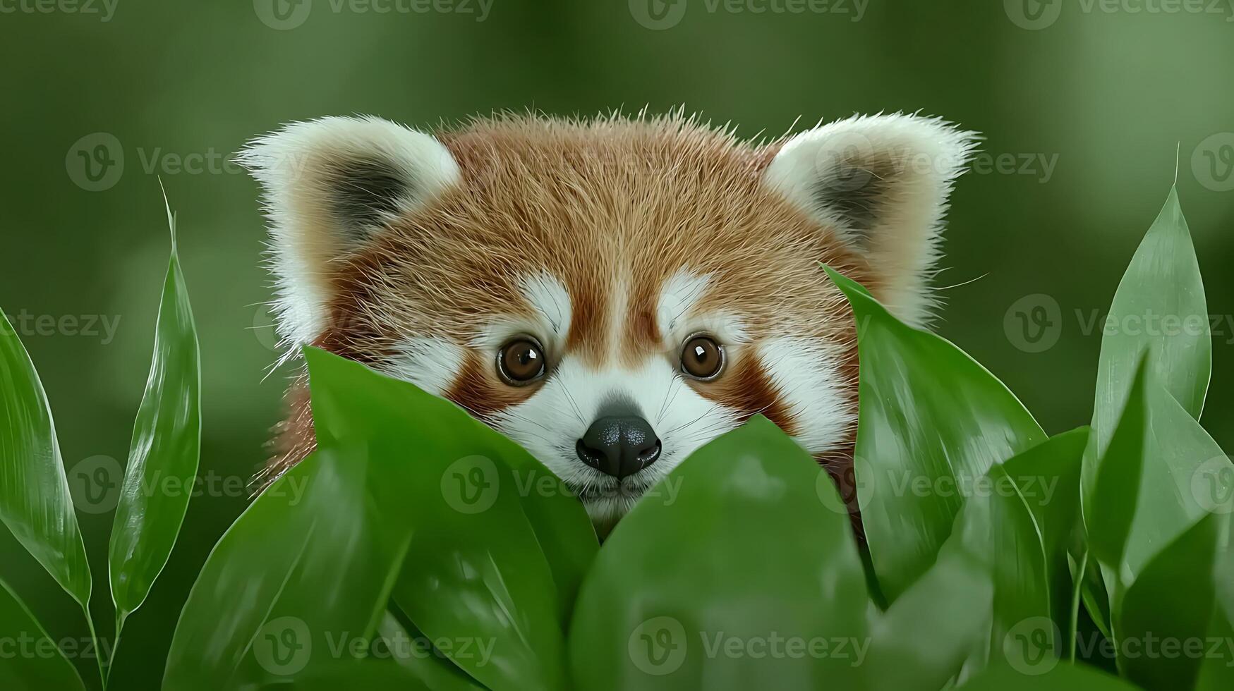 A red panda is peeking out from behind some green leaves photo