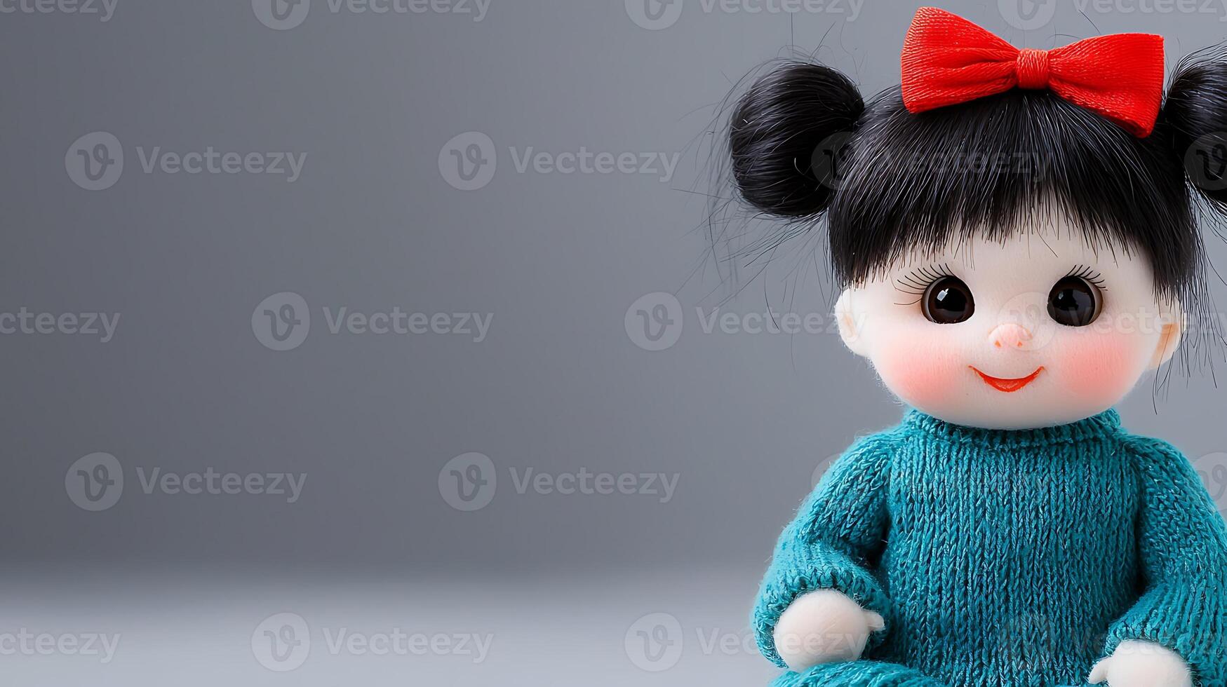 A doll with black hair and a red bow photo