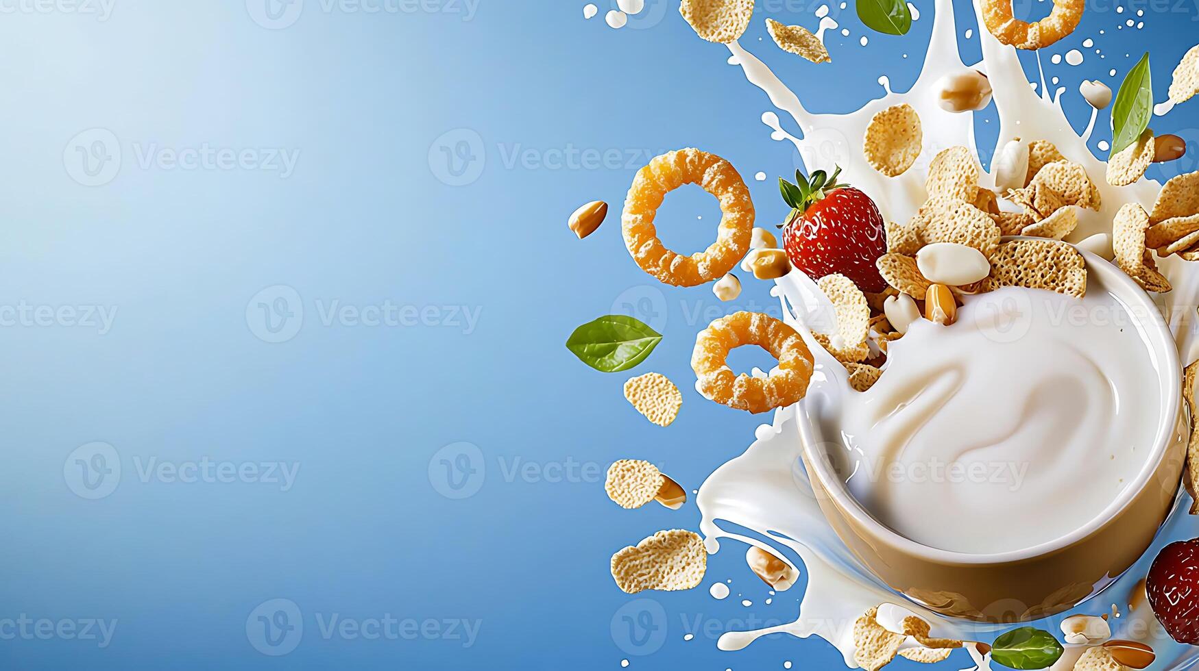 Cereal and milk with fruit and nuts photo