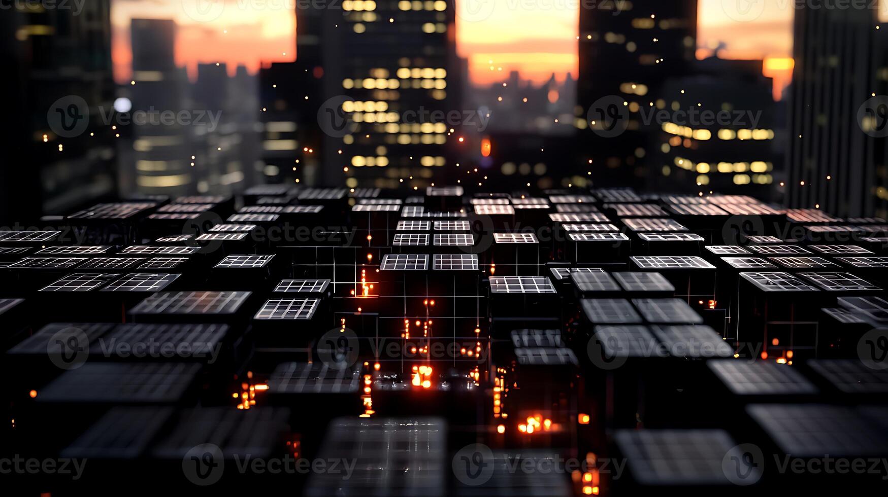 A cityscape with fire and lights in the background photo