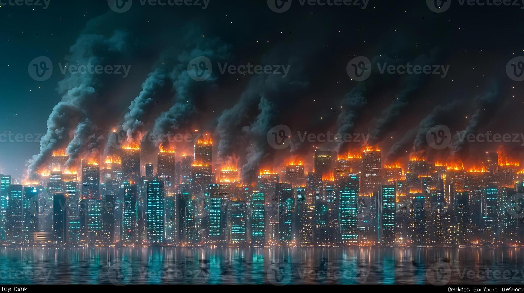 A city with smoke coming out of the water photo
