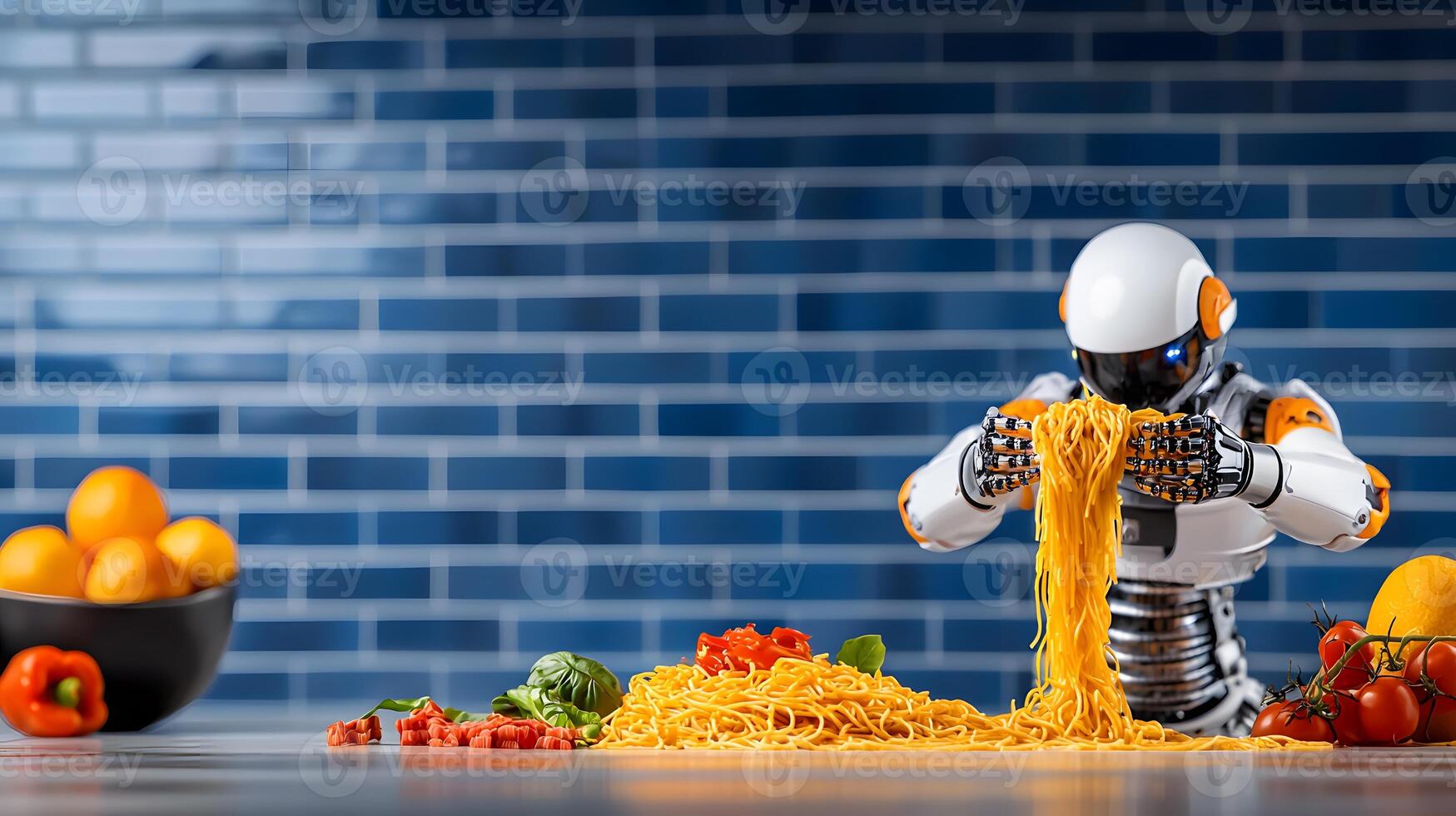 Robot making pasta in kitchen photo