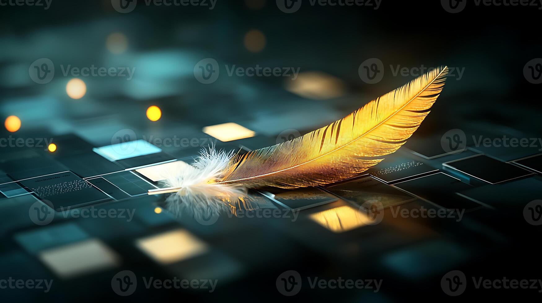 A golden feather laying on a black background photo