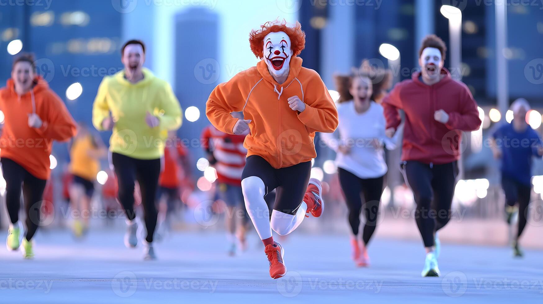 A group of people running in the city with clowns on their faces photo