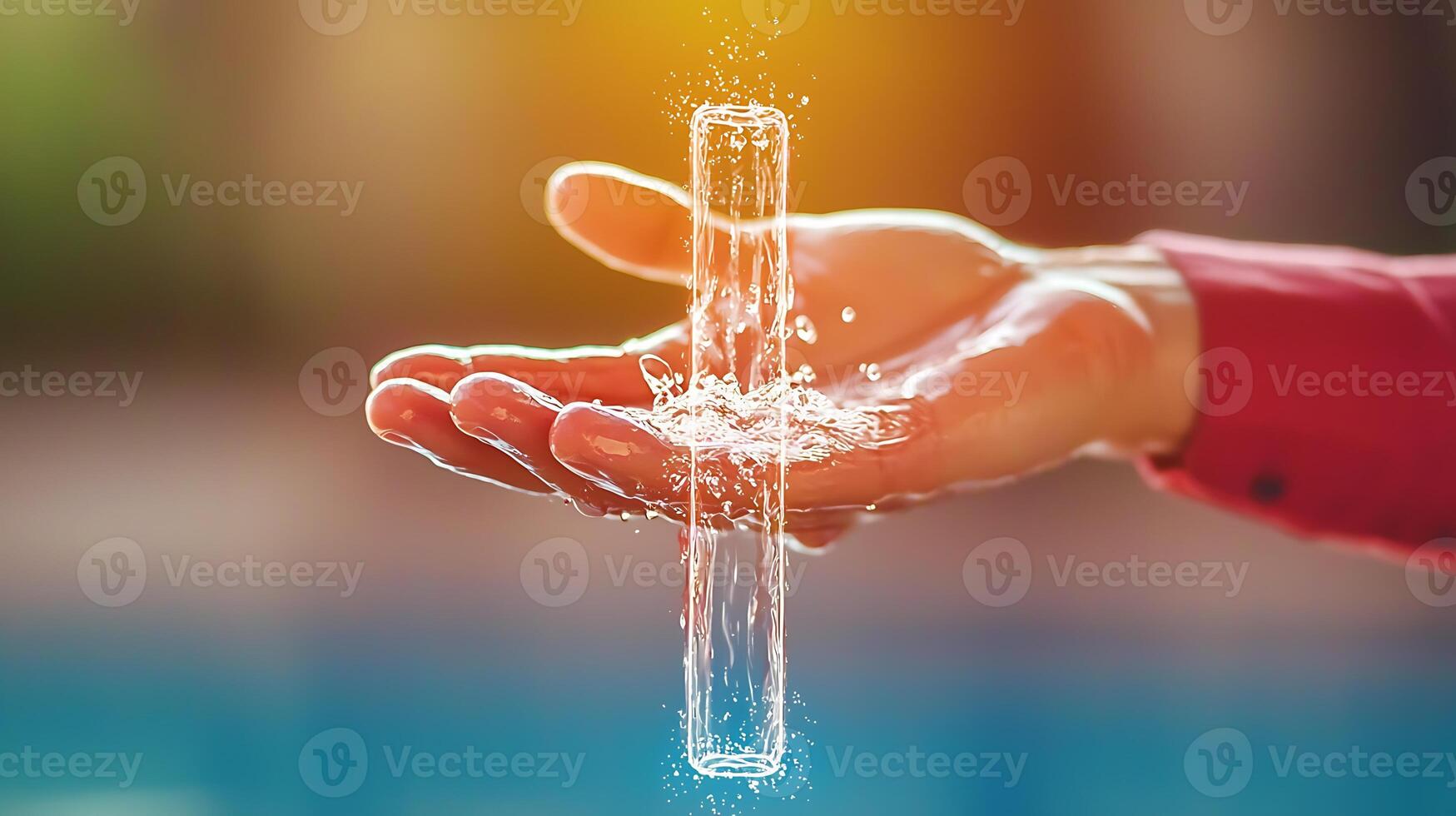 A person holding a cross with water coming out of it photo