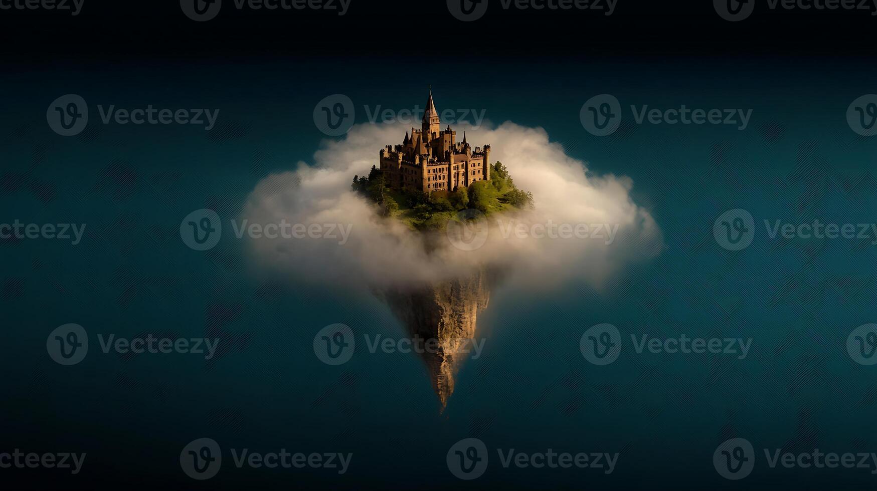 An island floating in the clouds with a castle on top photo