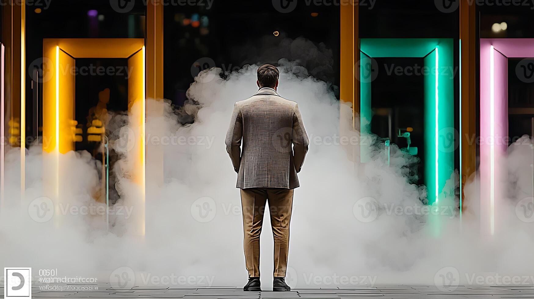 A man standing in front of a building with smoke coming out of the doors photo