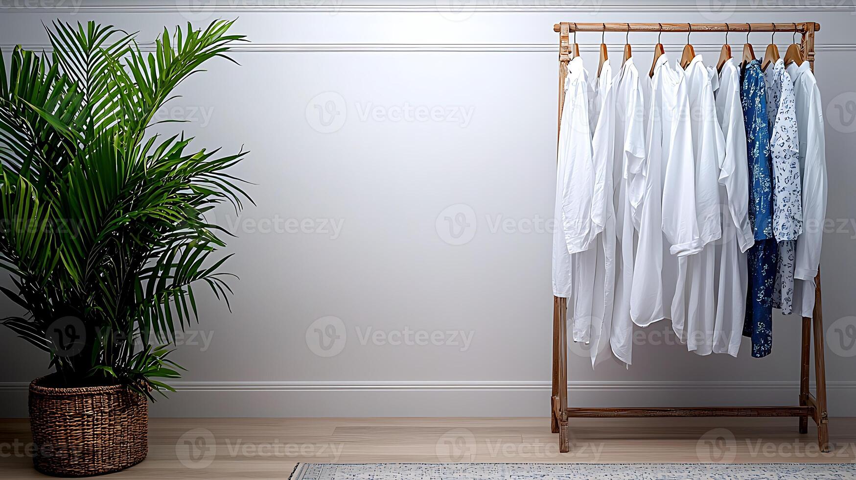 A wooden rack with white shirts hanging on it photo