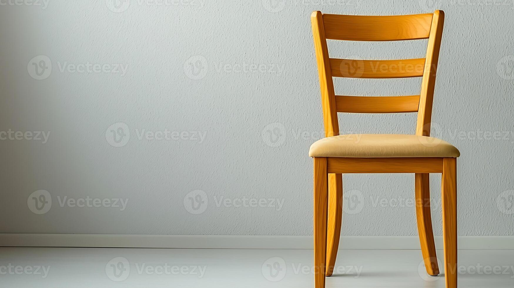 A wooden chair sits in front of a wall photo