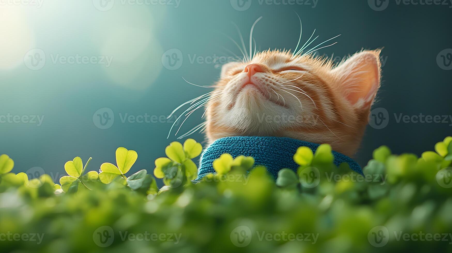 A cat is laying in the grass with its eyes closed photo