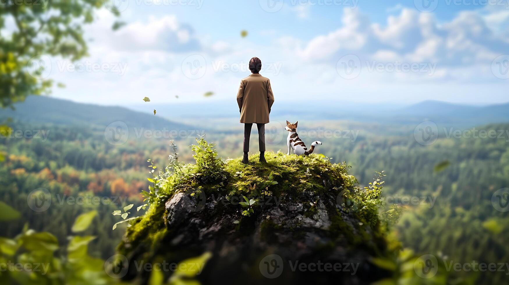 A man stands on top of a mountain with a dog photo