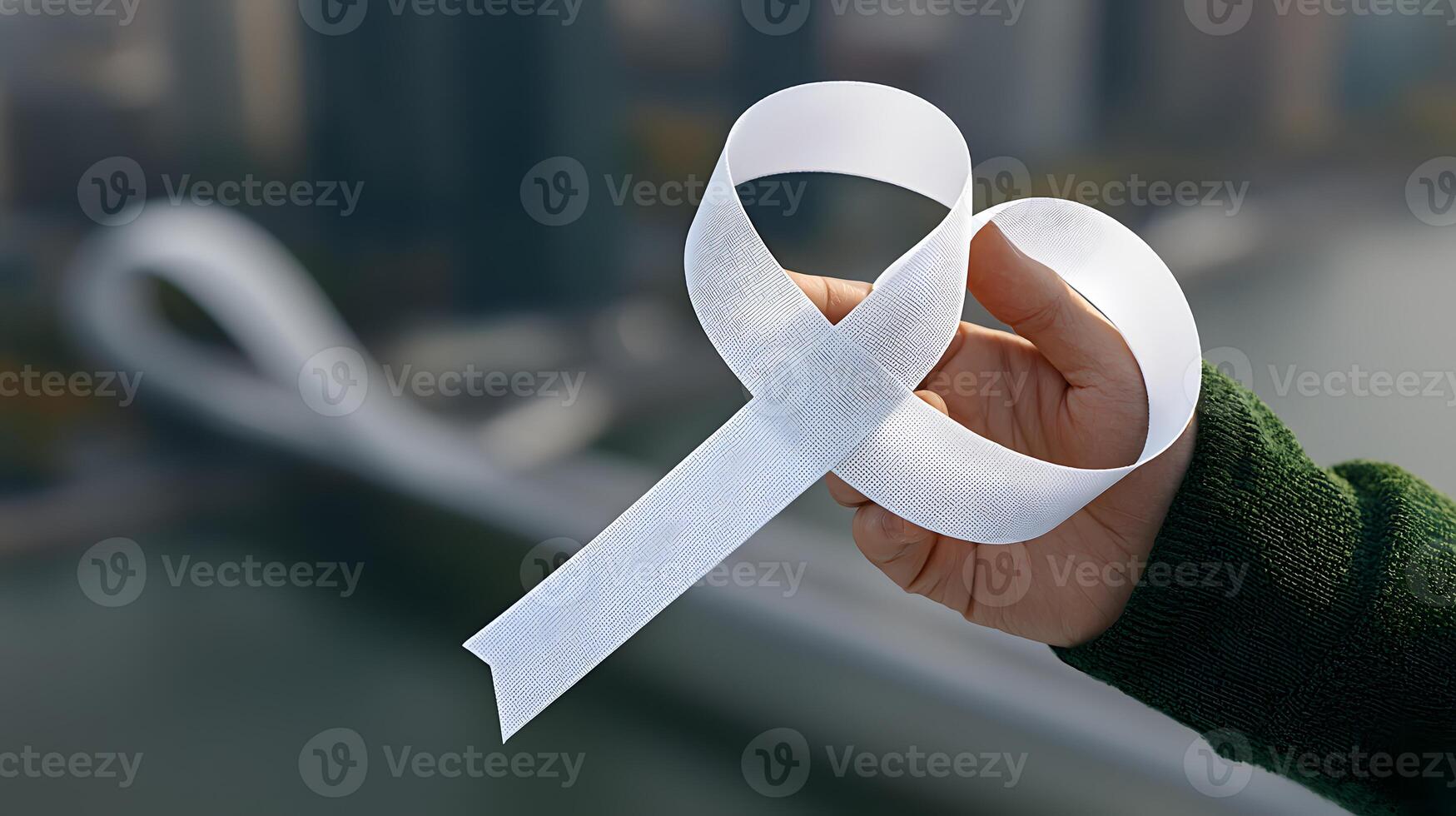 A person holding a white ribbon in front of a city photo