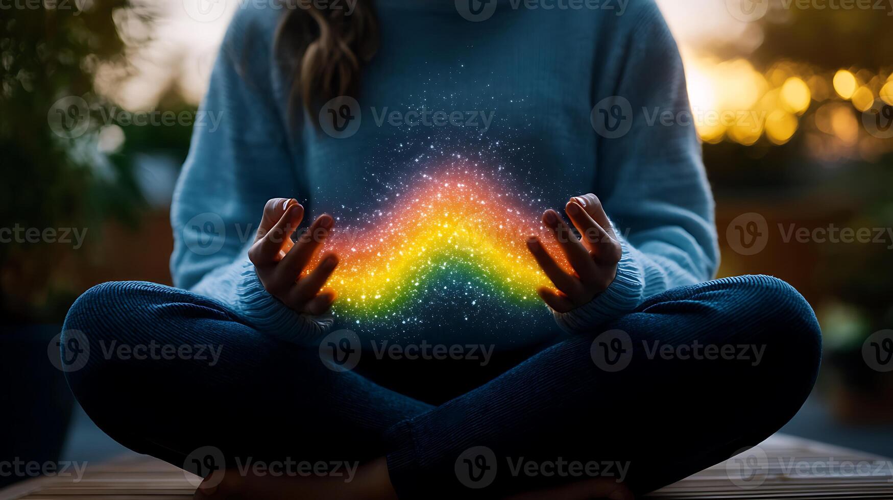 A woman is sitting in a lotus position with her hands outstretched and holding a rainbow colored photo