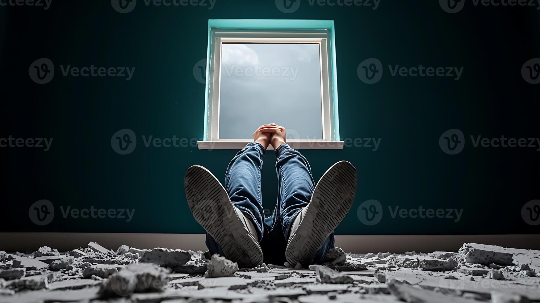 A person sitting on the floor with their feet in the air photo