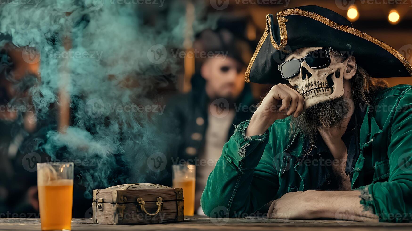 A man in pirate costume sitting at a table with a skull photo