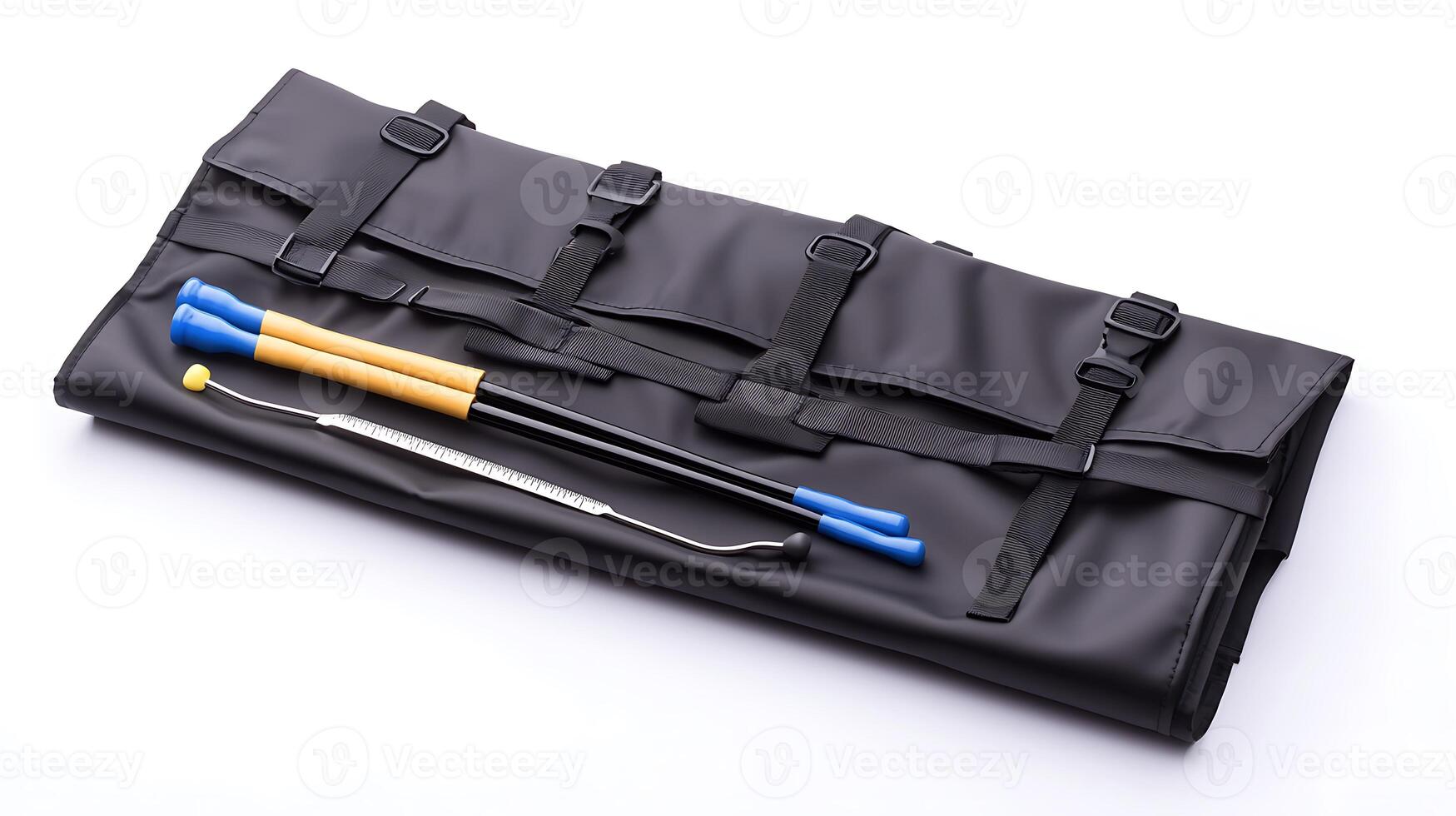 A black tool bag with two tools and a knife photo