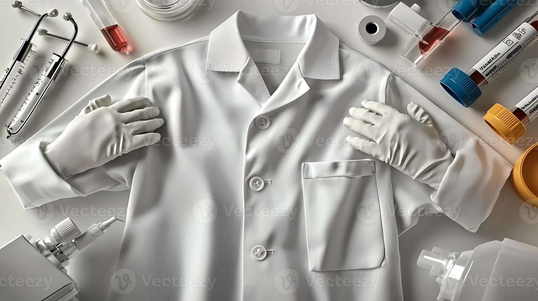 A white lab coat and gloves are on a table photo
