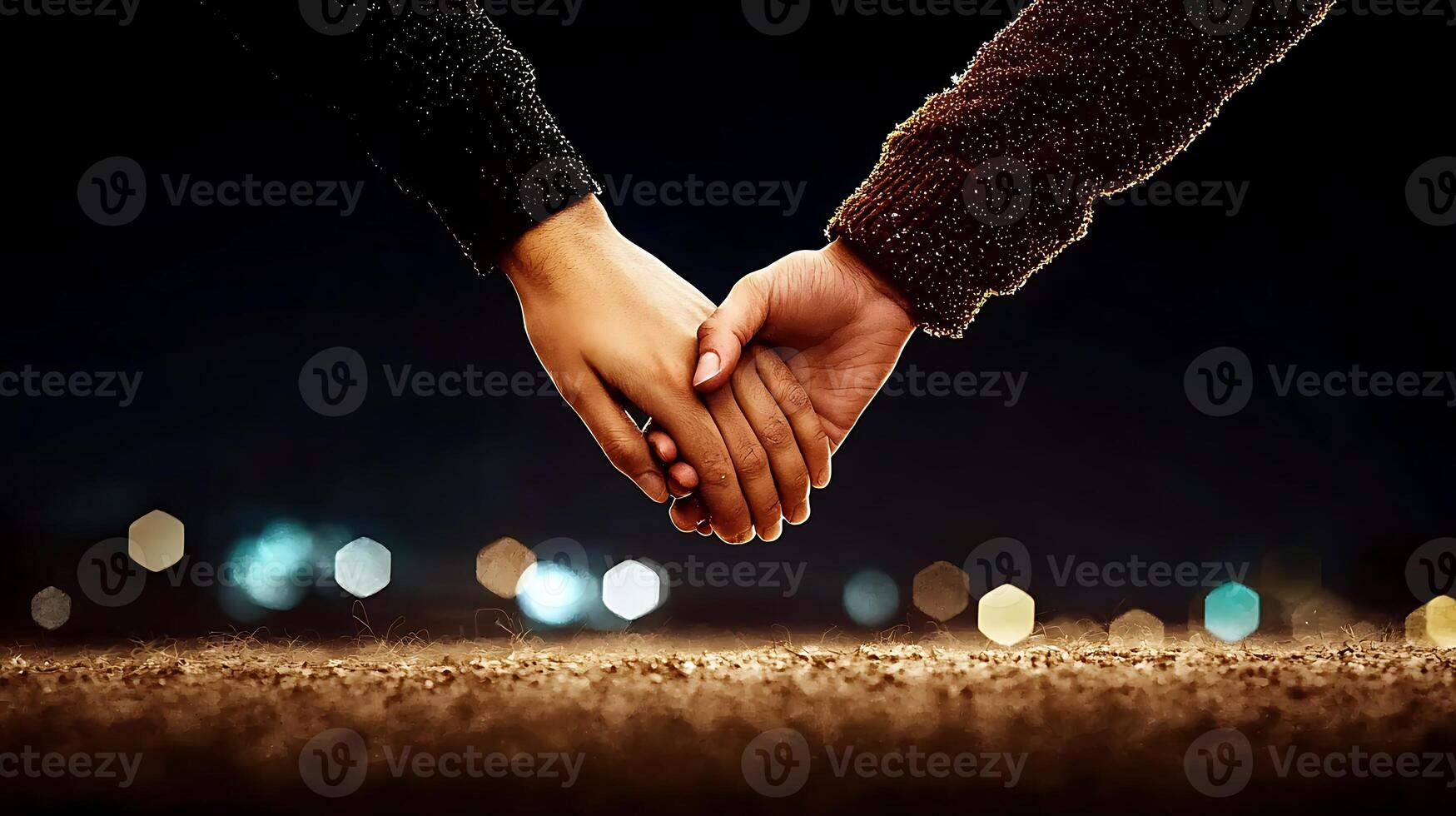 Two people holding hands in front of a dark background photo