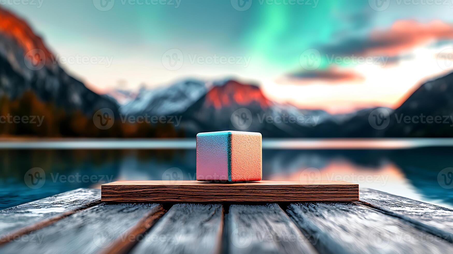 A cube sitting on a wooden platform in front of a lake photo