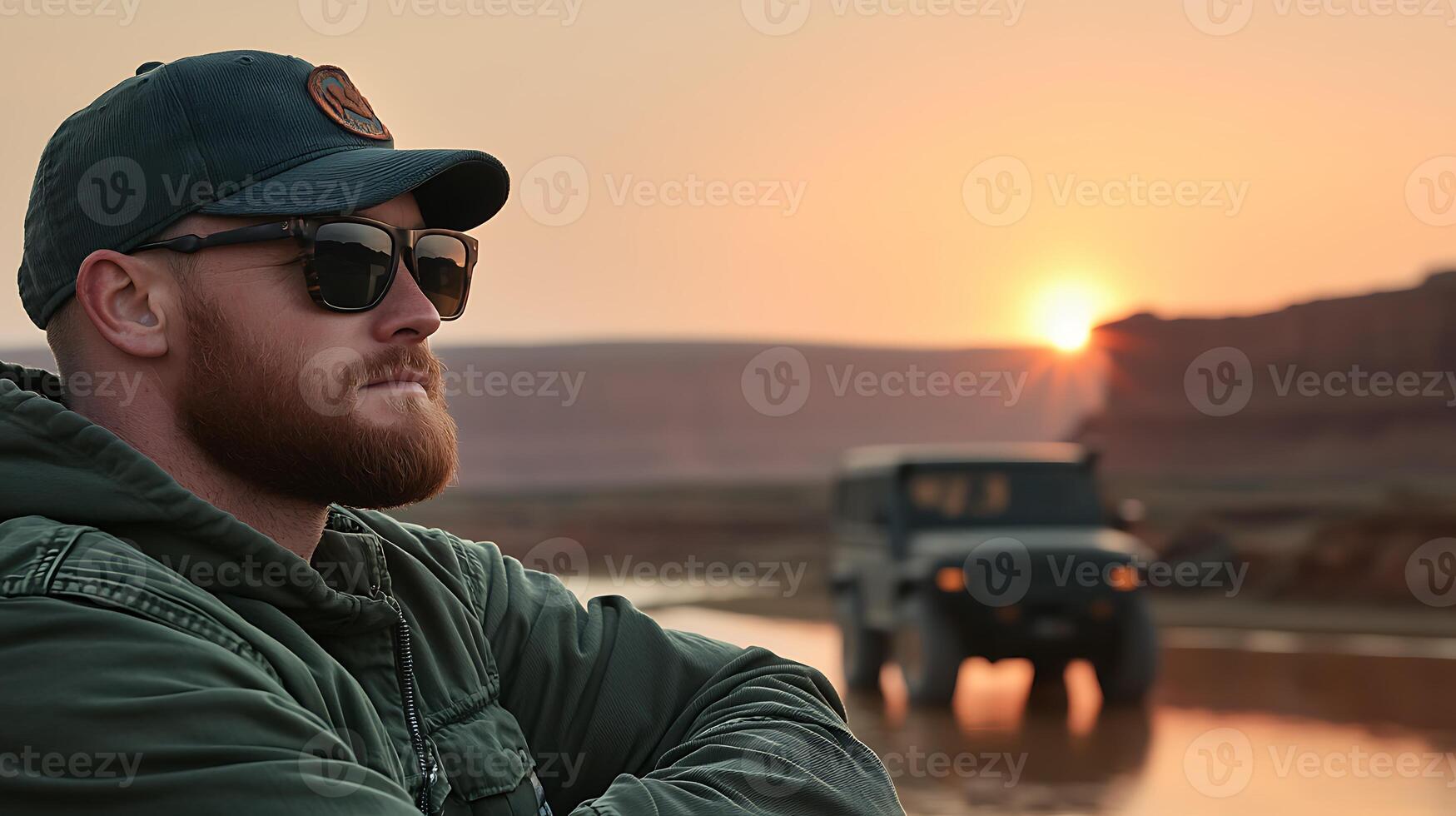 A man wearing sunglasses and a hat stands in front of a river photo