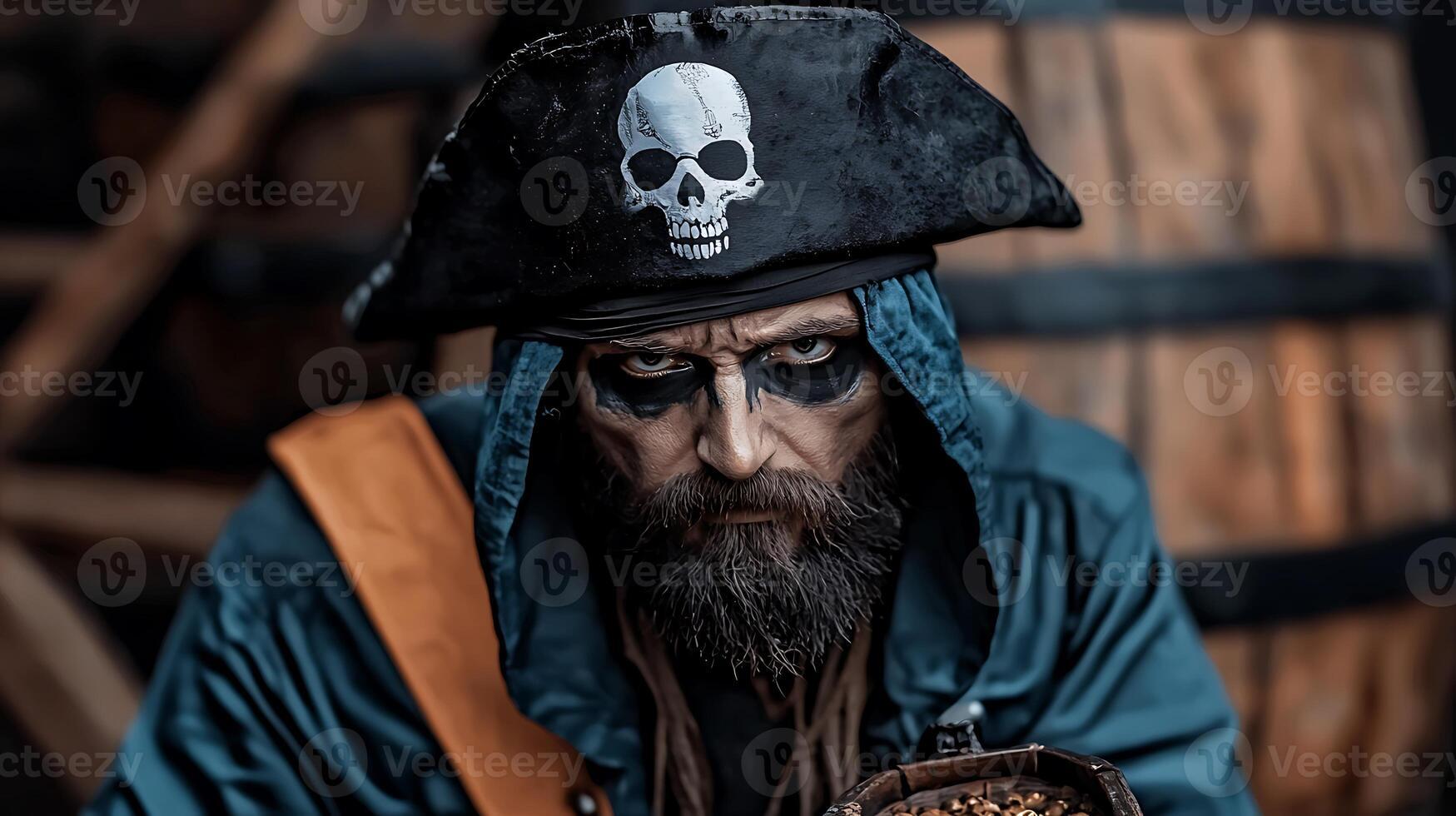 A man with a beard and a pirate hat is holding a bag of food photo