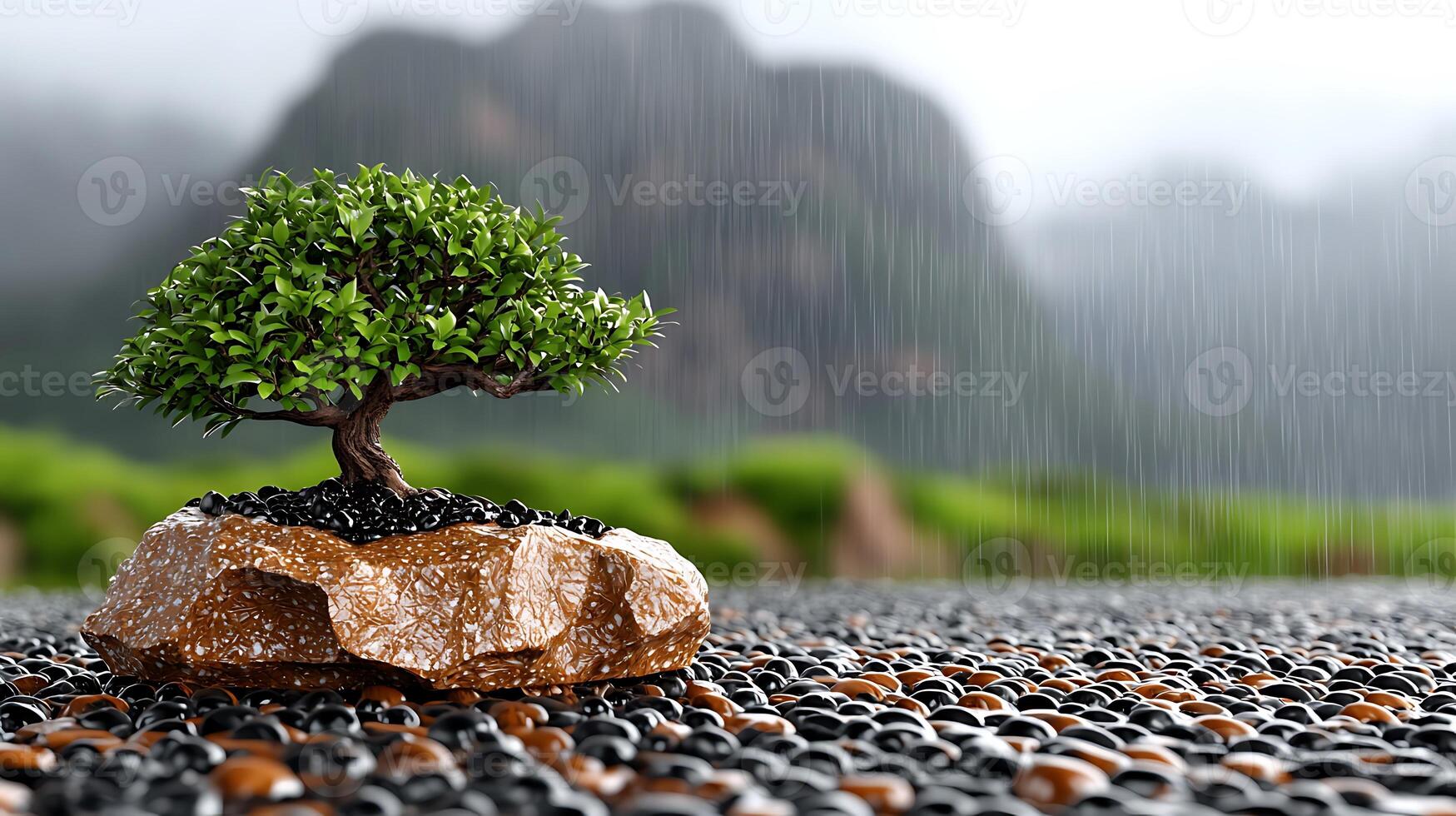 A bonsai tree is growing on a rock in the rain photo