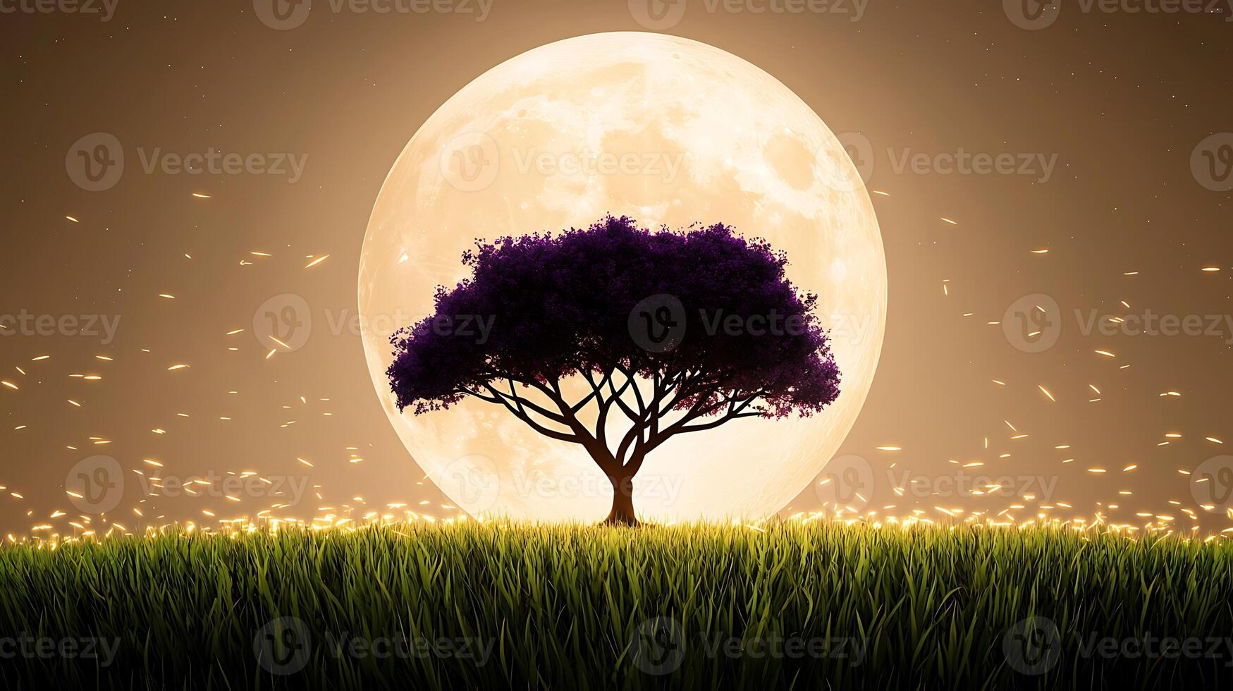 A tree is standing in front of a full moon photo