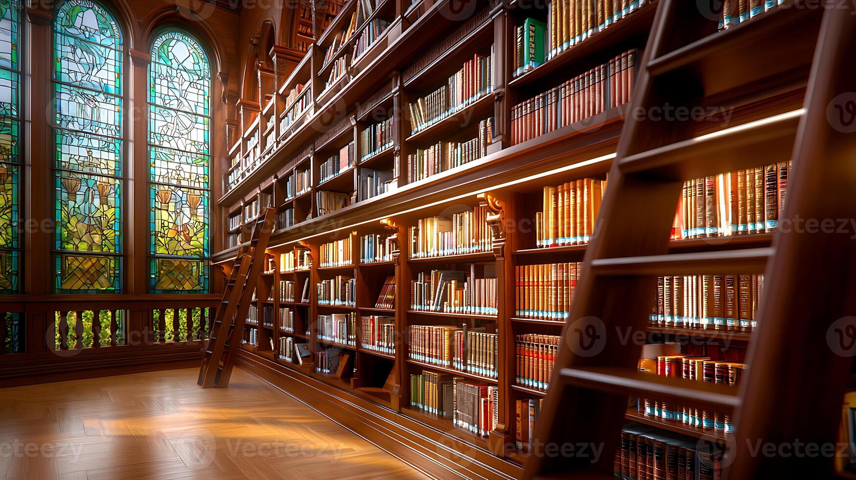 A library with a large window and a ladder photo