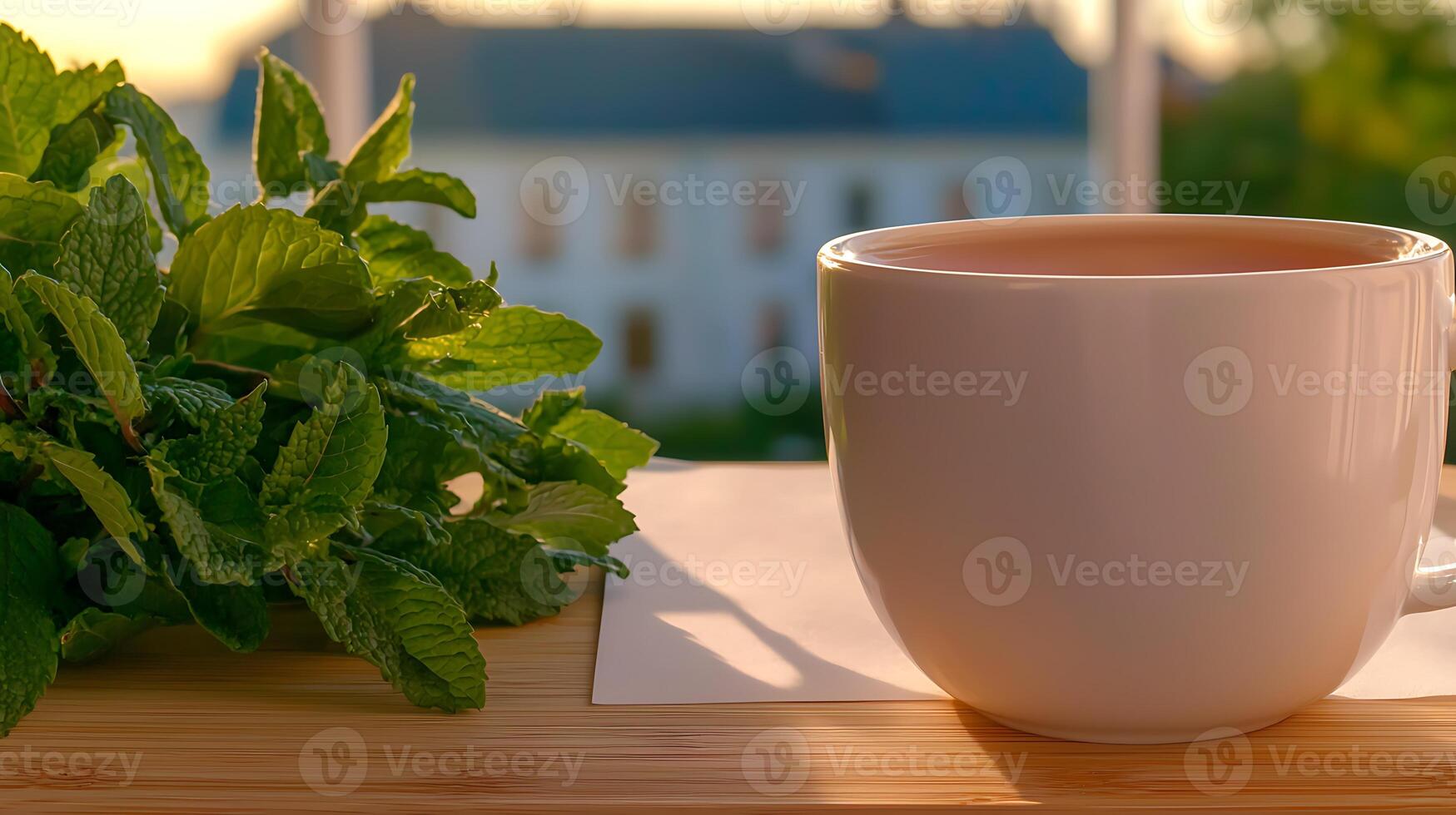 A cup of tea and a plant on a table photo