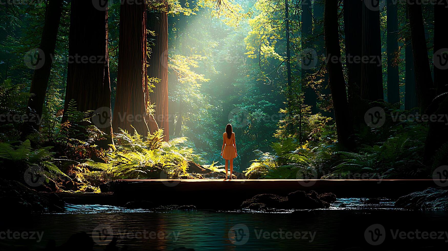 A woman standing on a wooden bridge in a forest photo