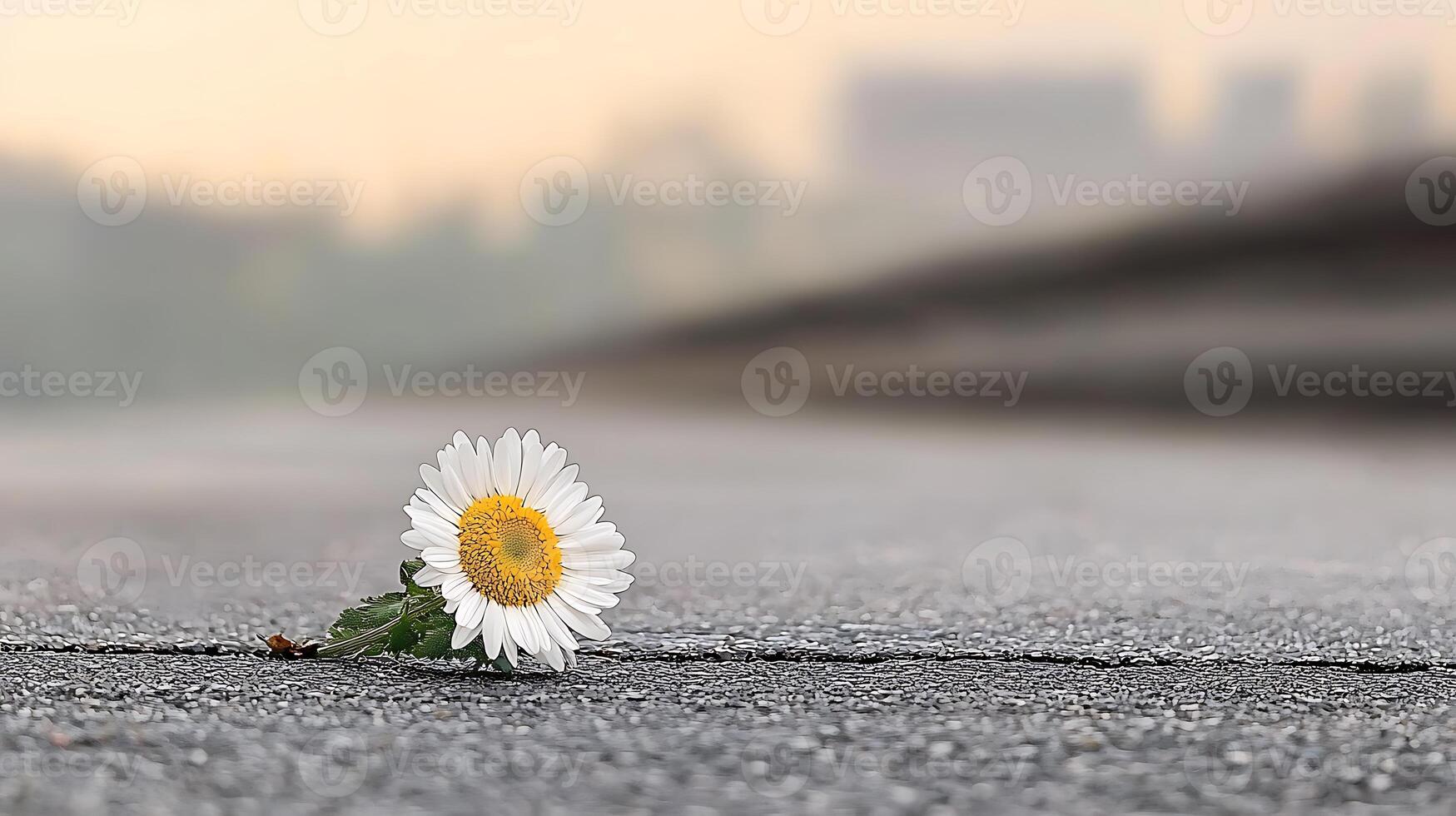 A single daisy is sitting on the ground in the middle of a road photo